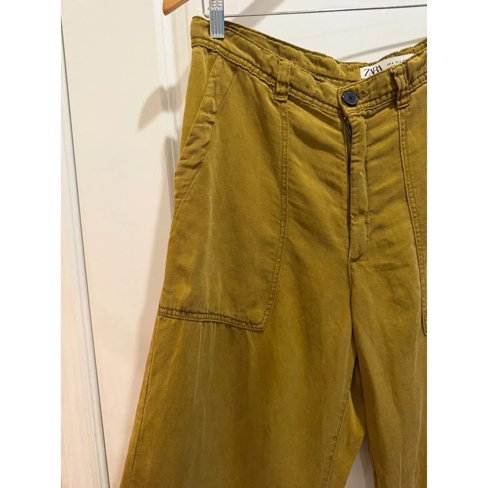Zara Mustard Yellow Linen Blend Utility Pants Straight Leg Ochre Size M 4877/244